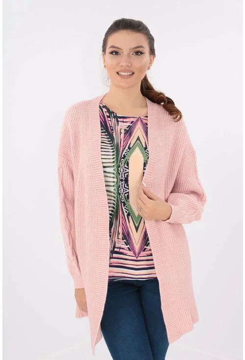 Cardigan lung roz tricotat spic marime mare 40-50
