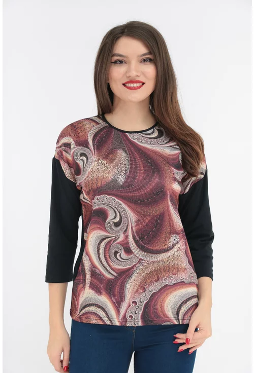 Bluza din jerse fin cu print abstract caramiziu marime mare 44