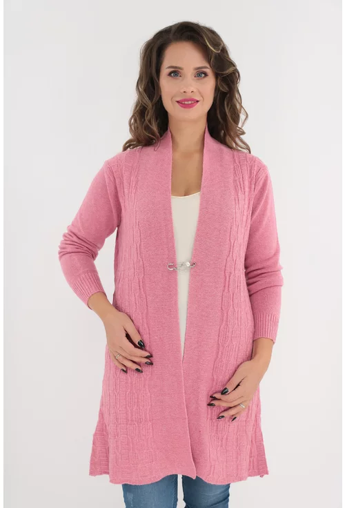 Cardigan roz tricotat cu model in relief si brosa marime mare L/XL