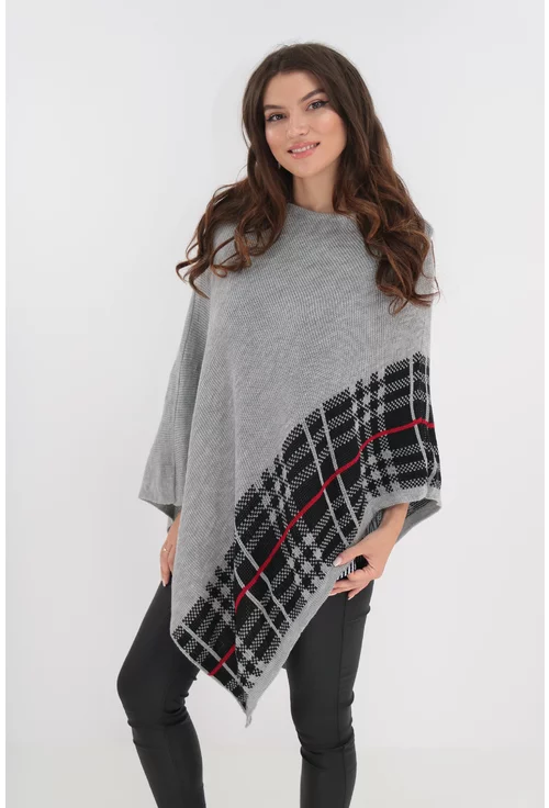 Poncho gri tricotat cu print in carouri marime mare 40-48
