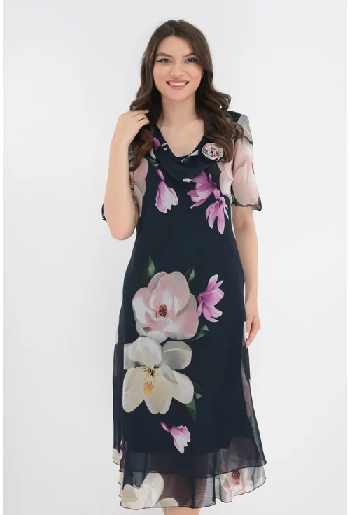 Rochie eleganta din voal bleumarin cu flori maxi crem marime mare 48