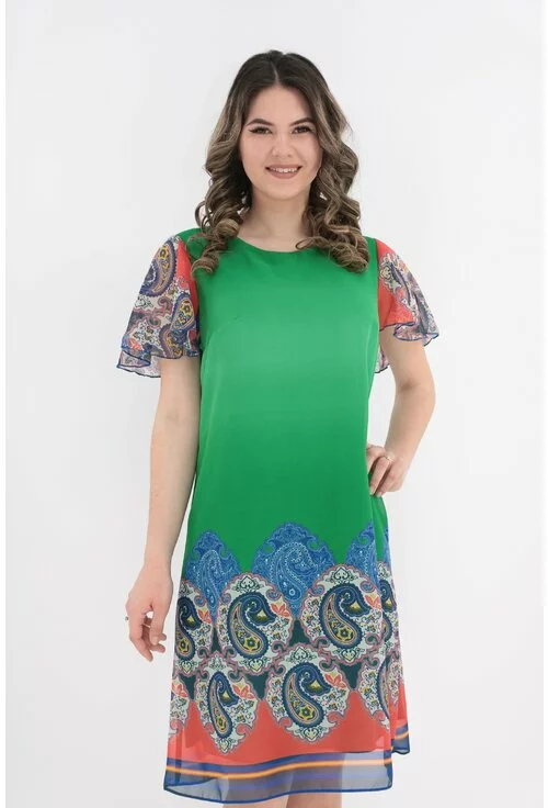 Rochie lejera din voal verde cu bordura multicolor marime mare 42