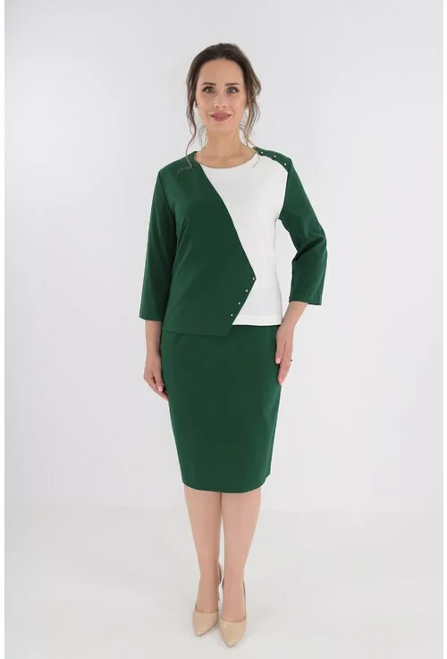 Rochie verde cu brocard alb cu aspect de costum marime mare 44