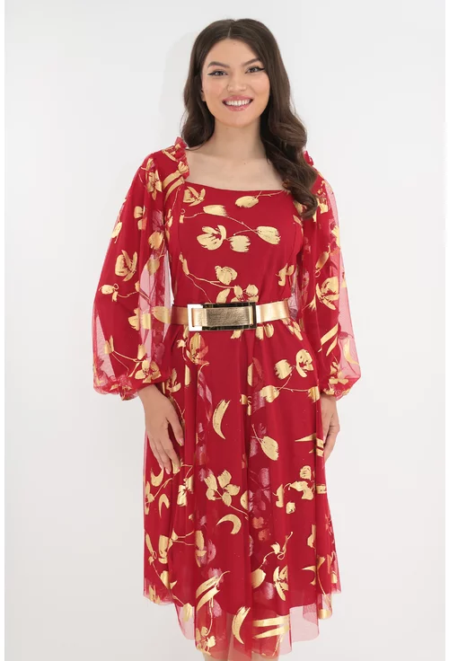 Rochie de ocazie din tull rosu cu imprimeu auriu marime mare 44