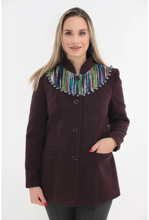 Jacheta din stofa mov-pruna cu motive traditionale marime mare 42