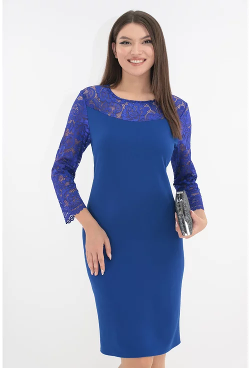 Rochie eleganta albastra cu insertii din dantela marime mare 44
