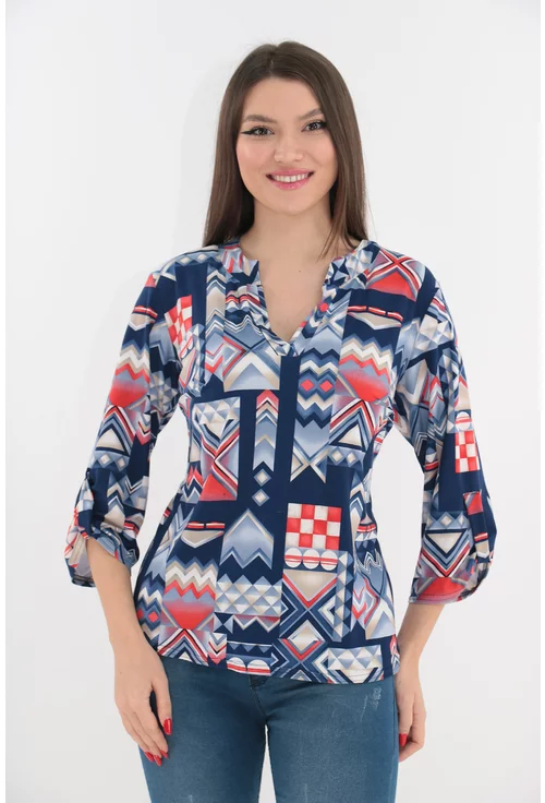 Bluza albastra cu imprimeu geometric rosu si guler tunica marime mare 44
