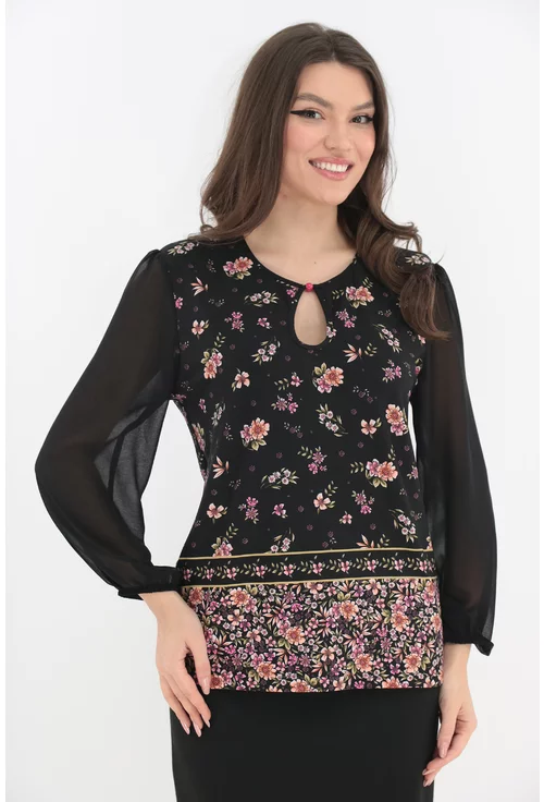 Bluza neagra din vascoza cu bordura florala marime mare 42