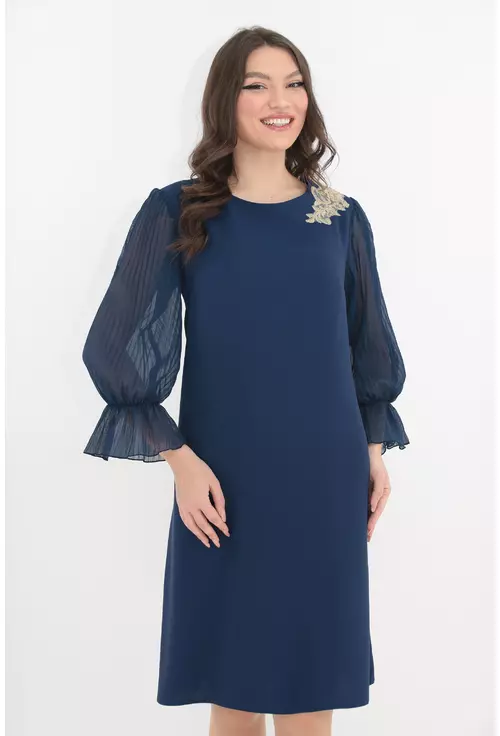 Rochie eleganta din stofa bleumarin cu maneci din voal plisat marime mare 42