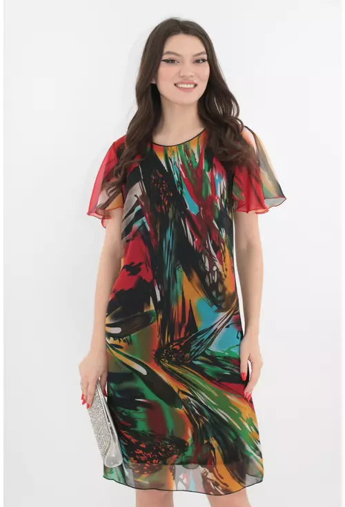 Rochie diafana din voal cu imprimeu abstract multicolor marime mare 44