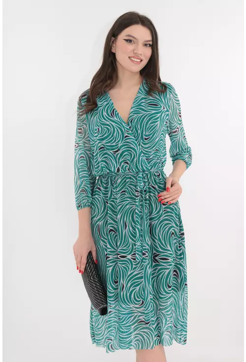 Rochie din tull cu print abstract verde-alb marime mare 42
