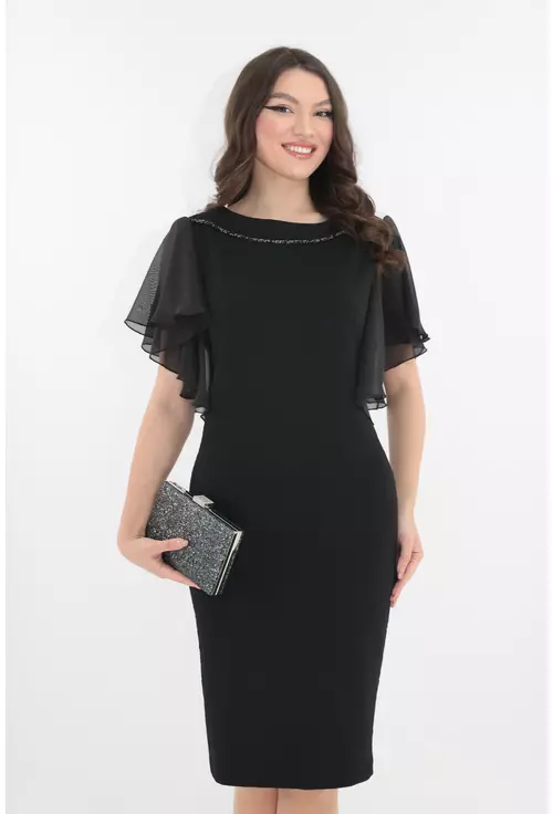 Rochie eleganta din brocard negru cu maneci ample din voal marime mare 42