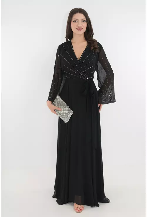 Rochie eleganta clos de seara din voal negru cu strasuri argintii marime mare 42