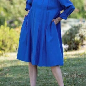 Rochie midi albastra cu pliuri in fata si spate