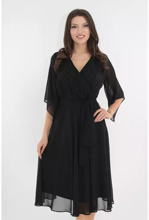 Rochie eleganta clos din voal negru cu bust cu margelute marime mare 48