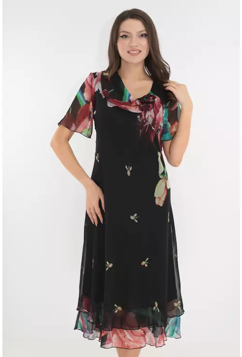 Rochie eleganta din voal negru cu print floral multicolor marime mare 44