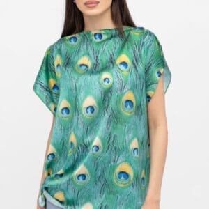 Bluza de vara tip poncho din matase cu imprimeu coada de paun măsuri mari