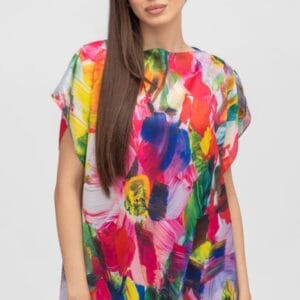Bluza de vara tip poncho din matase cu imprimeu floral pensulat măsuri mari