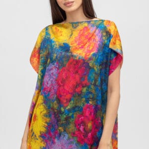 Bluza de vara tip poncho din matase cu imprimeu flori mari măsuri mari