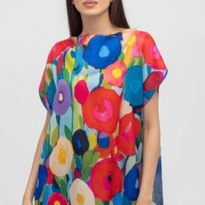 Bluza de vara tip poncho din matase cu imprimeu flori picturale măsuri mari