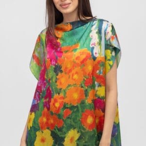 Bluza de vara tip poncho din matase cu imprimeu flori rosii măsuri mari