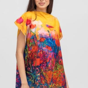 Bluza de vara tip poncho din matase cu imprimeu maci rosii măsuri mari