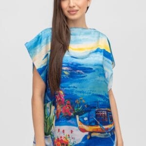 Bluza de vara tip poncho din matase cu imprimeu marin cu barca măsuri mari