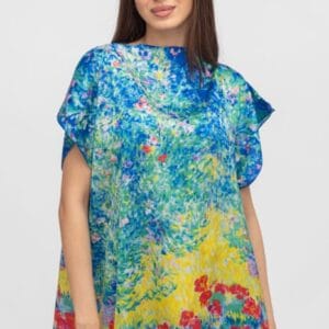 Bluza de vara tip poncho din matase cu imprimeu pictural măsuri mari