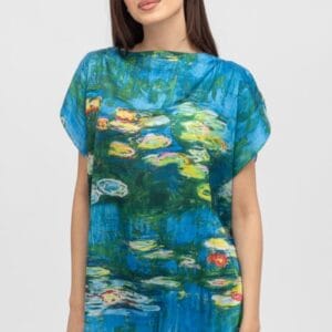 Bluza de vara tip poncho din matase cu imprimeu reproducere dupa    Nuferii   de Claude Monet măsuri mari