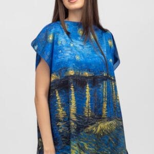 Bluza de vara tip poncho din matase cu reproducere dupa    Noapte Instelata deasupra Rhonului   de Claude Monet măsuri mari