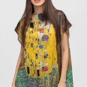 Bluza de vara tip poncho din matase cu reproducere dupa   Sarutul    de Gustav Klimt măsuri mari