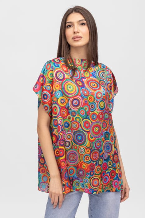 Bluza de vara tip poncho din matase cu reproducere dupa pictura lui Kandinski