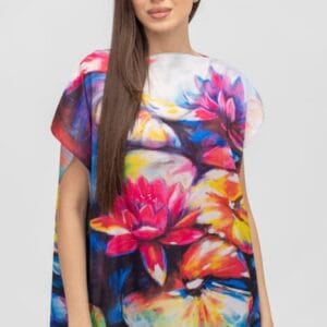 Bluza de vara tip poncho din matase imprimata cu reproducere dupa picturi celebre cu nuferi mari măsuri mari