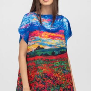 Bluza de vara tip poncho din matase imprimata cu reproduceri dupa picturi celebre cu motive florale măsuri mari
