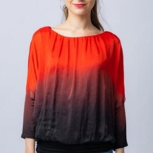 Bluza in degrade din matase naturala cu maneca lunga fluture si elastic la poale rosu  negru măsuri mari