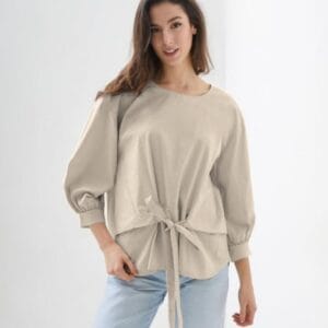 Camasa bej din poplin de bumbac cu funda in fata măsuri mari
