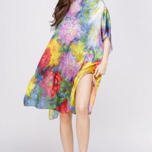 Rochie de plaja tip poncho din matase cu reproducere dupa o pictura impresionista măsuri mari