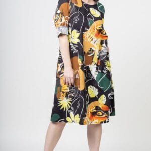 Rochie midi din bumbac cu imprimeu abstract pe fond negru măsuri mari