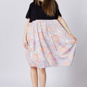 Rochie lalea cu bust negru si imprimeu mandale bleu măsuri mari