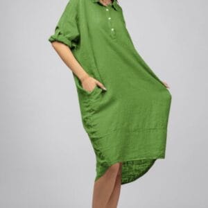 Rochie verde oliv din in Stella Milani cu inel metalic pe spate măsuri mari