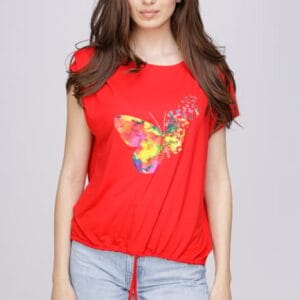 Tricou din vascoza cu snur la poale si imprimeu fluturi