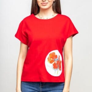 Tricou rosu cu panou lateral maci rosii picturali măsuri mari