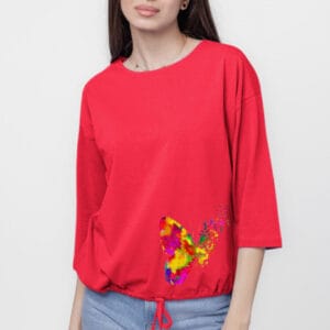 Tricou uni cu maneca 3 4 din tricot de bumbac cu snur la baza