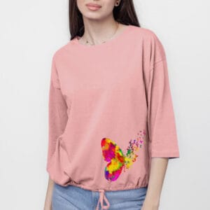 Tricou uni cu maneca 3 4 din tricot de bumbac cu snur la baza