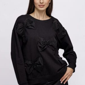 Bluza oversize neagra din jerseu cu aplicatii funde de tafta măsuri mari