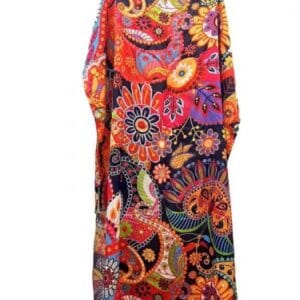 Rochie de plaja lunga tip poncho din matase cu flori multicolore pe fond bleumarin inchis măsuri mari
