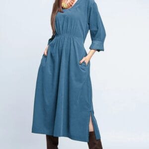 Rochie din catifea reiata albastru jeans