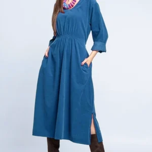 Rochie din catifea reiata turcoaz