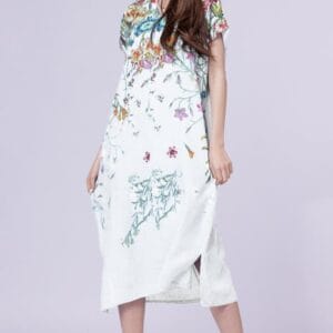 Rochie lunga din in cu imprimeu pictural floral si funda pe spate