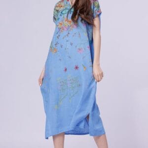 Rochie lunga din in cu imprimeu pictural floral si funda pe spate